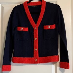 CHANEL Navy and Orange/Red Knit Lady Cardigan